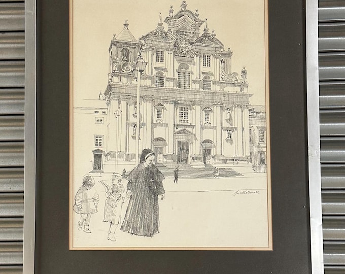 Large Pencil Charcoal Drawing Artwork of Cathedral Coimbra, Portugal By The Scottish Artist Neil McDonald circa 1980