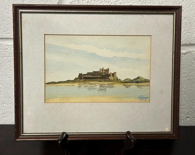 Small Original Framed & Glazed Watercolour Of Bamburgh Castle By E Guy