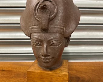 Vintage Egyptian Pharaoh Amenhotep III Ceramic Bust On A Plinth