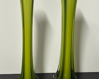 Two Retro 1970s Green Art Glass Bud Vases