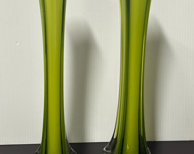 Two Retro 1970s Green Art Glass Bud Vases