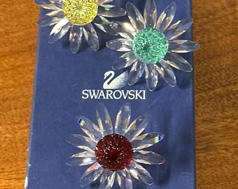 3 x Swarovski Crystal Marguerite Daisy Flower Figurines, Red, Green, Yellow