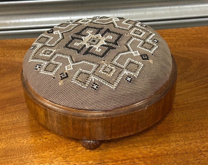 Antique Victorian Beaded Decorative Footstool With Geometric Pattern