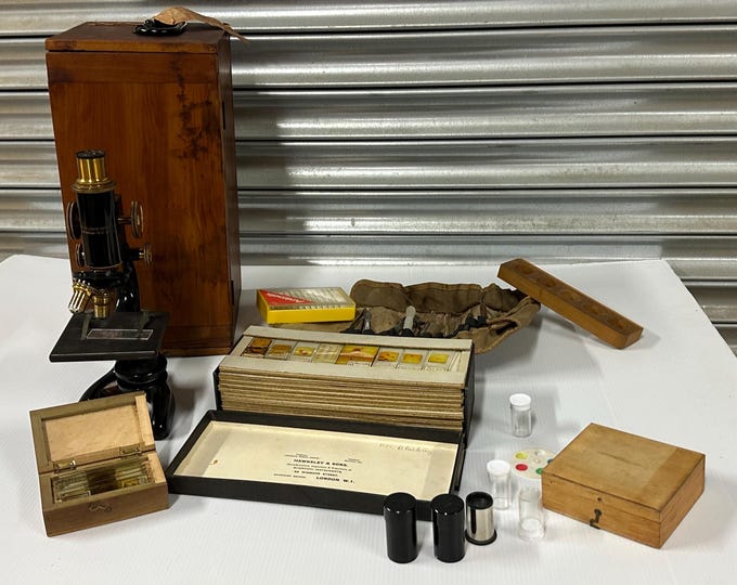 Vintage Bausch & Lomb Brass and Black Microscope in Wooden Case + 70+ Prepared Slides