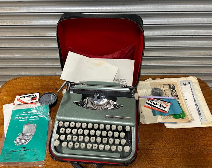 Vintage Metal Silver Empire-Corona Typewriter With Carry Case & Manuals Etc