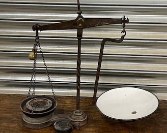 Early 1900’s Antique Shop Beam Scales with Enamel Pan