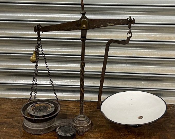 Early 1900’s Antique Shop Beam Scales with Enamel Pan