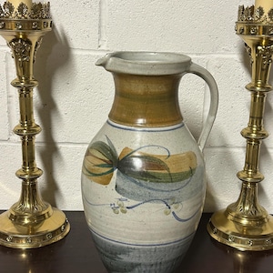 Large Mid Century Aller Pottery Glazed Stoneware Jug / Ewer with grey and Blue Leaf Design