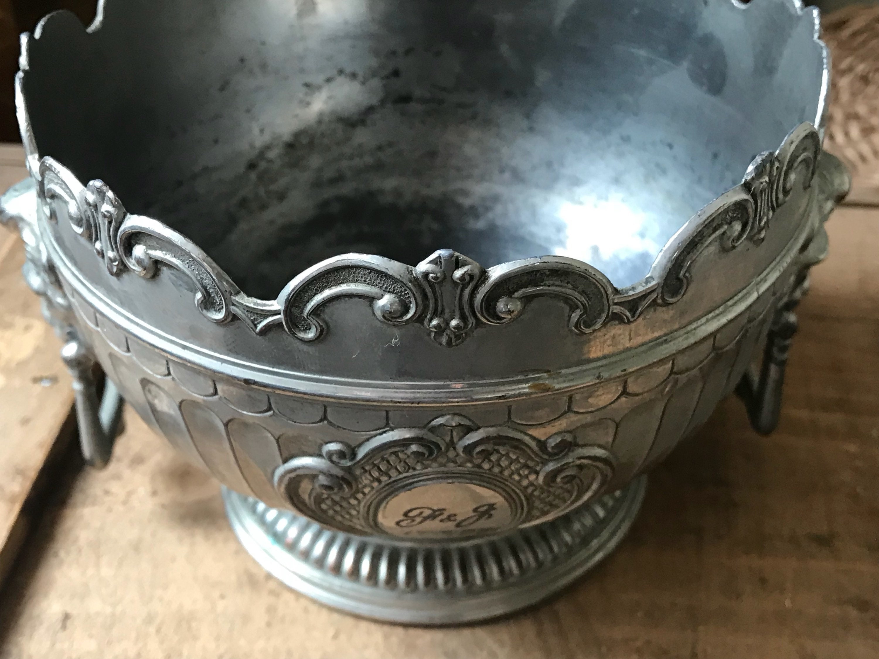 Vintage Silver Metal Beautifully Designed Twin Lion Handled Bowl