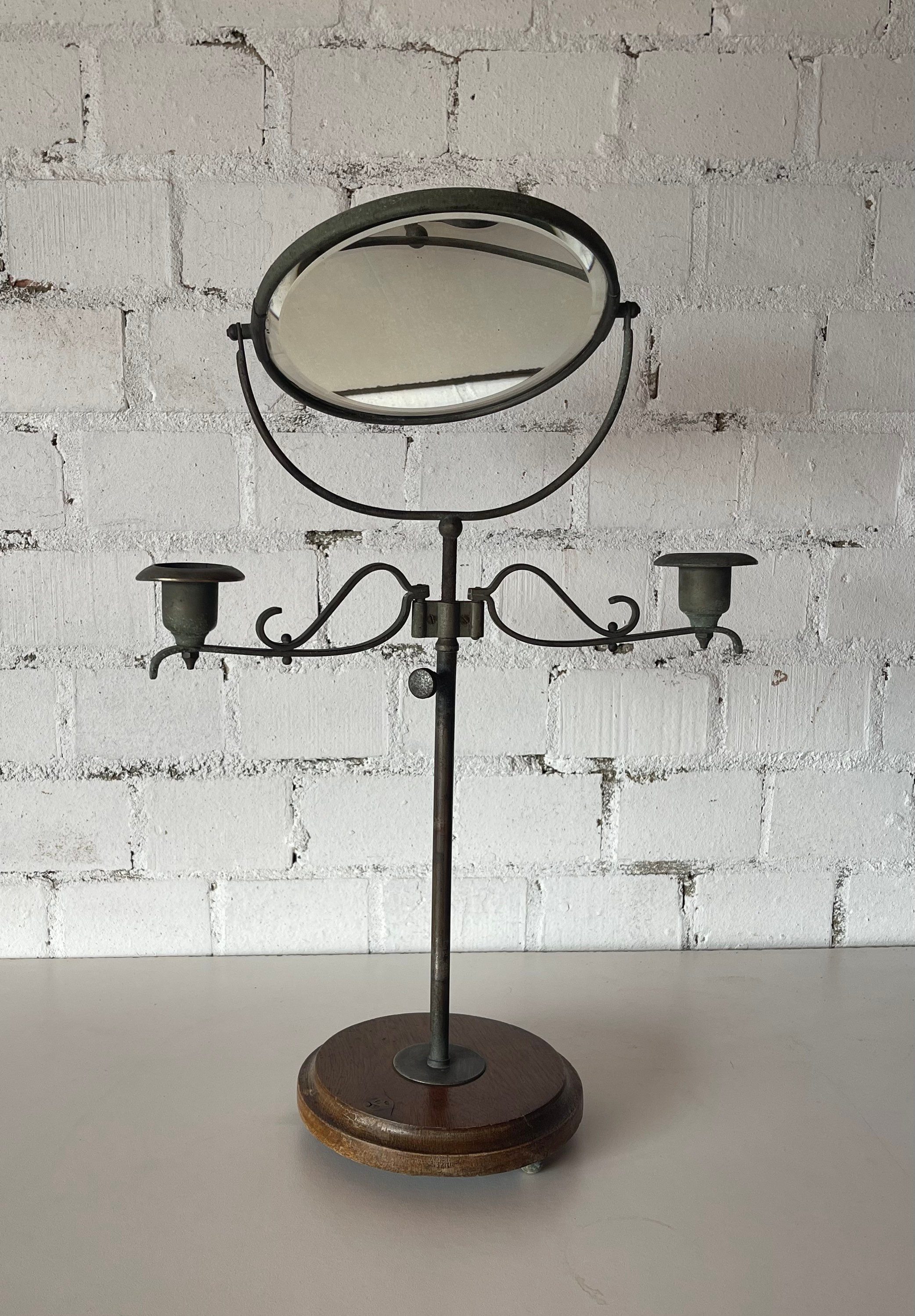 Antique Brass Shaving Mirror on Oak Base with Brass Candle Holders