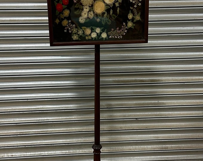 Stunning Late Georgian Period Mahogany Pole Screen With Silk Floral Embroidery