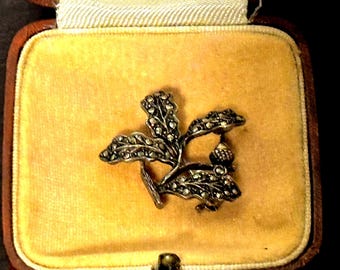 Vintage English Sterling Silver & Marcasite Oak Tree Acorn Brooch