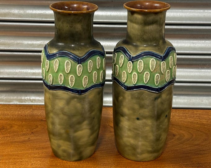 Pair of Royal Doulton Pottery Vases – Green & Blue Glaze – 8129, Bessie Newbery, Pattern 136cm
