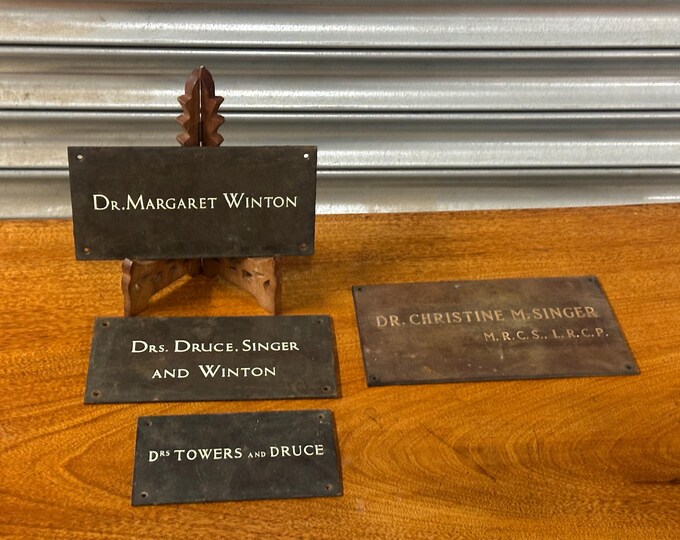 Three Vintage Antique Bronze Name Plaques / Plates And One Perspex One (4 in total)