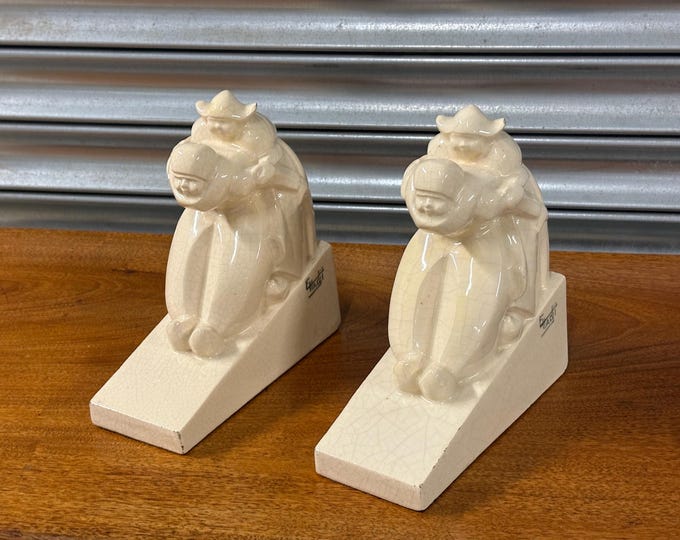Rare Pair Of E Hadji & Marcel Renson Ceramic Figures Skiing Bookends (A/F)