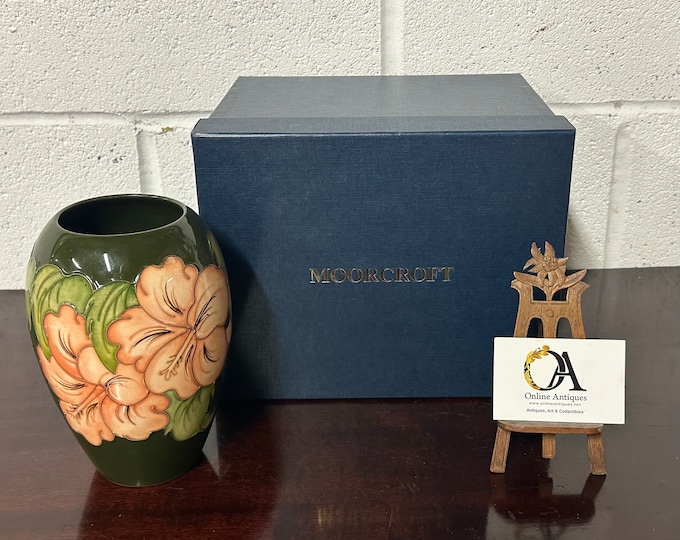 Vintage Moorcroft Pottery Coral Hibiscus Vase Green Moorcroft Vase With Box