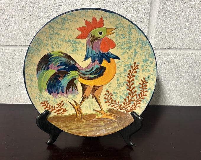 Vintage 1960’s Spanish Puigdemont Studio Art Pottery Glazed Ceramic Hand Painted Decorative Plate / Wall Plate - Cockerel Design