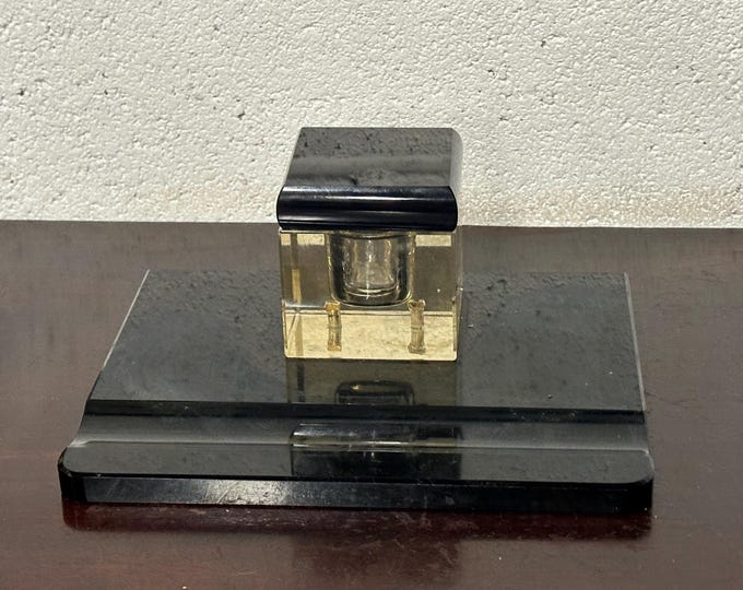 Vintage Art Deco Style Marble Desk Inkwell with Glass Insert & Pen Rest
