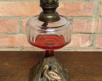 Vintage Art Nouveau Period Oil Lamp With Heron Design Bronze Base