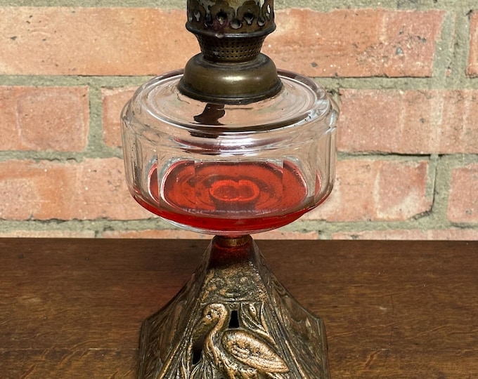 Vintage Art Nouveau Period Oil Lamp With Heron Design Bronze Base