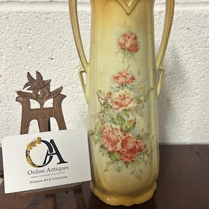 Beautiful Antique Twin Handled Vase Decorated With A Rambling Rose