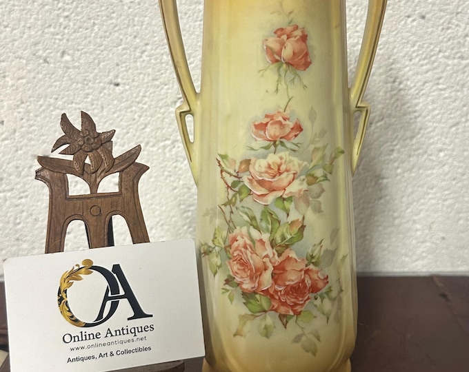 Beautiful Antique Twin Handled Vase Decorated With A Rambling Rose