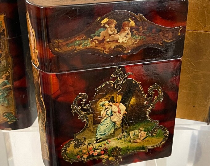 Vintage Lacquered Painted Book Shape Box Decorated with Cherubs and a Love Scene