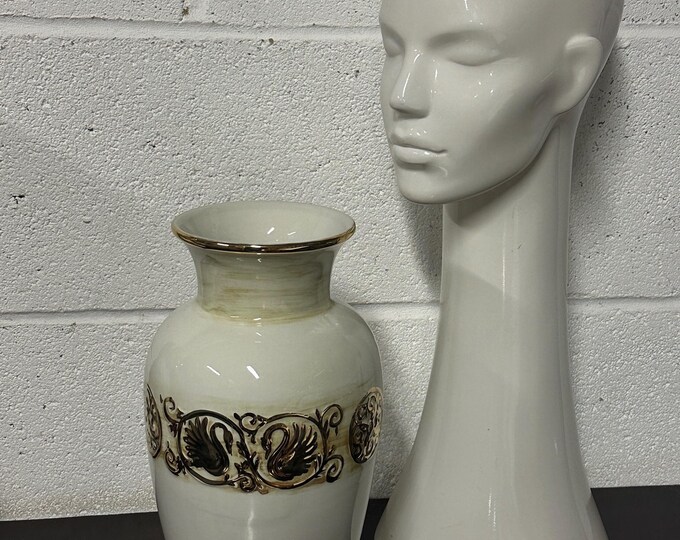 Vintage Hand Made In Portugal Vase With Gilt Swan Decoration