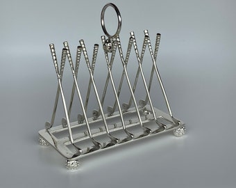 Turn of the Century EPNS Classic Six Slice Silver plated golf club toast rack. Handmade in England by James Deakin & Sons