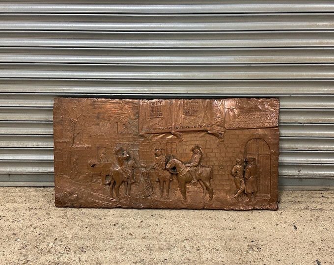Large/Heavy Antique Vintage Copper Relief Embossed Wall Plaque of A 17th Century Courtyard Scene with Muskateer Style Men on Horseback