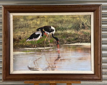 Beautiful Original Oil Painting Of Saddle Billed Storks By Charl Moller