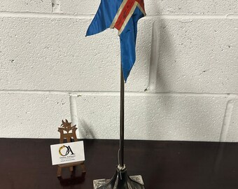 Unusual Vintage Iceland Flag On Pewter Pole And Display Stand