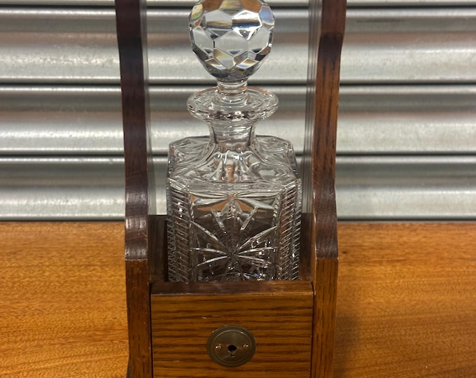 Vintage Style Oak Tantalus Single Decanter Lockable Case Brass & Cut Glass