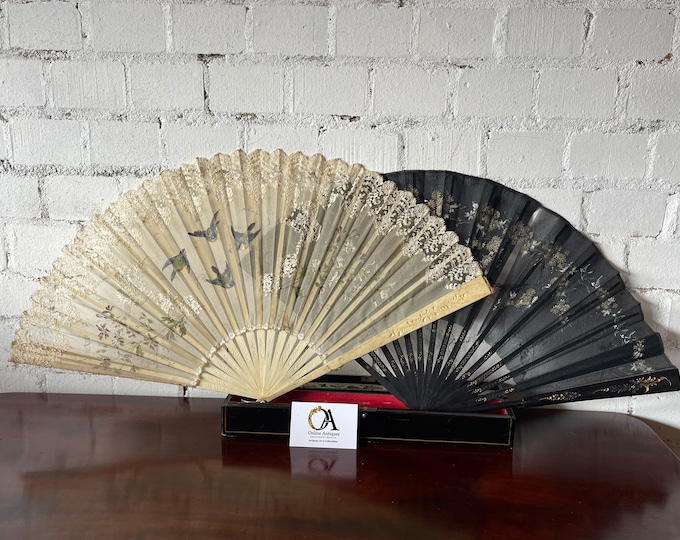 Beautiful Pair of 19th Century Fans in Black Lacquered Box