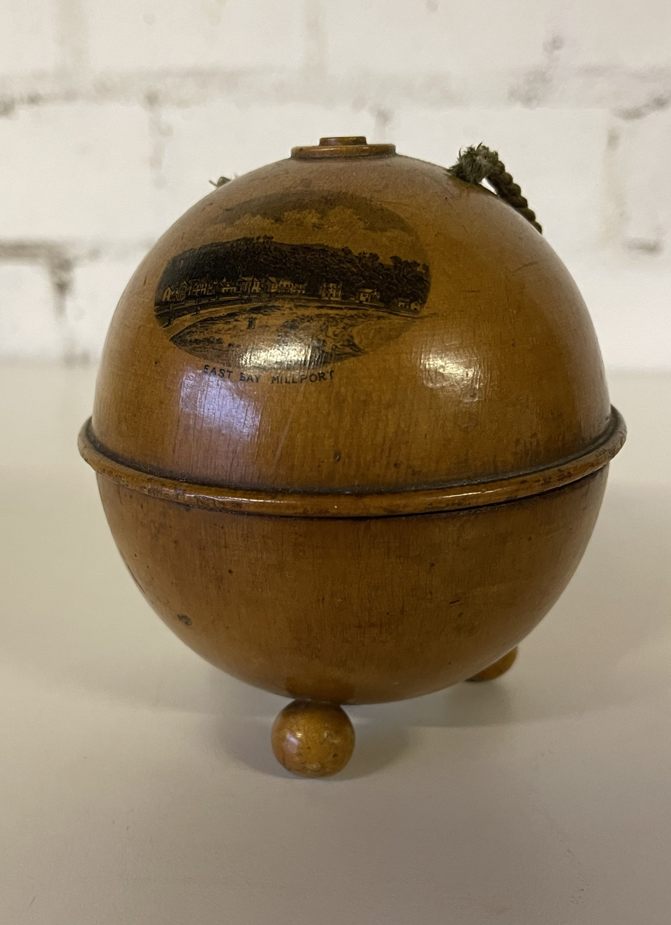 Antique Mauchline Ware String Holder Showing a Scene of East Bay Millport