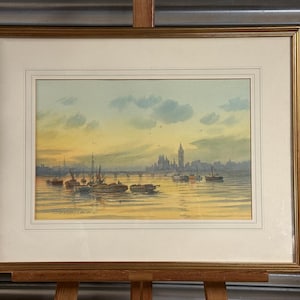 Acquerello di Nick Bradley Carter, "Sera sul Tamigi", Ponte di Westminster, Londra