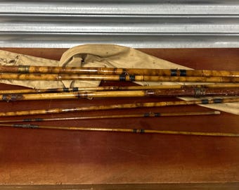 Antique Split Cane & Bamboo Fishing Rods Collection With Canvas Holdall