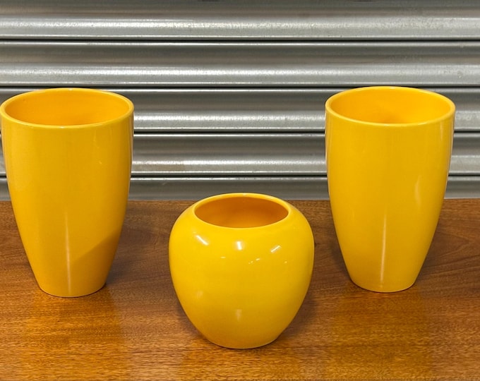 Vintage Retro Yellow Ceramic Vase Set – 3 Piece Mid-Century Modern Display Group