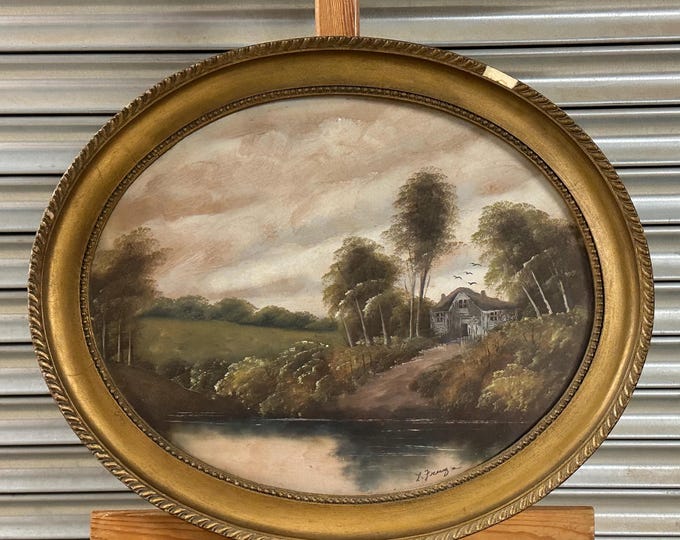 19th Century Oval Watercolour of a Country Scene in a Gilt Frame - Signed
