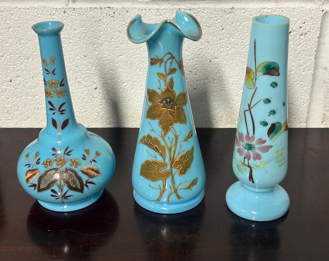 Three Beautiful Hand Painted Victorian Bristol Blue Opaline Glass Vases