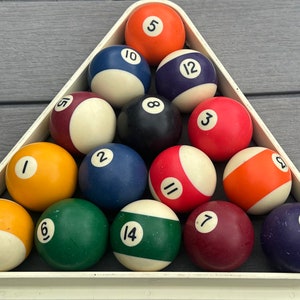 Original Vintage Set Of Billiard Pool Balls With Triangle