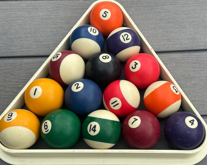Original Vintage Set Of Billiard Pool Balls With Triangle