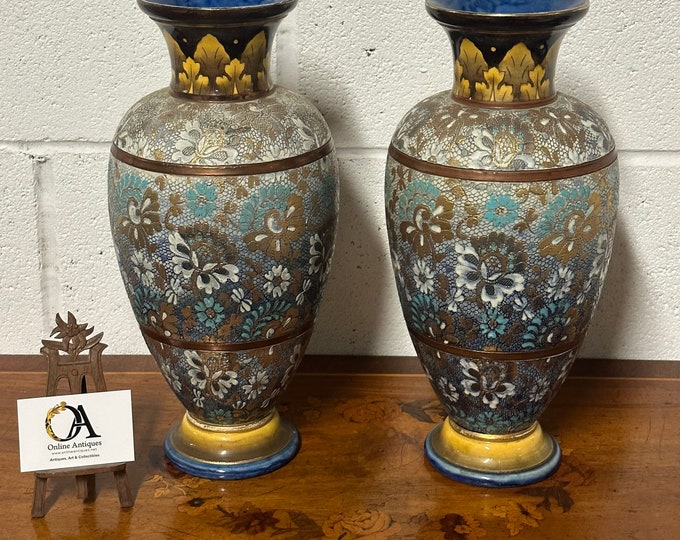 Tall Pair Of Antique Doulton Lambeth Slaters Patent Baluster Vases