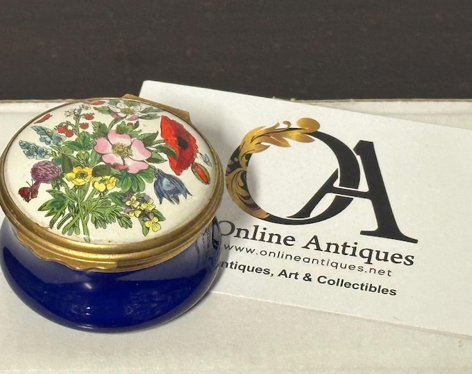 Vintage Halcyon Days Bilston & Battersea Enamels Floral Trinket Box Cobalt Blue Pill Box