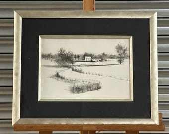 Antique Landscape Etching / Engraving Artwork Countryside Framed Picture