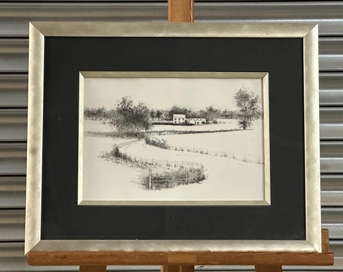 Antique Landscape Etching / Engraving Artwork Countryside Framed Picture