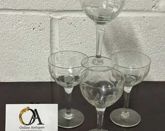 Set Of 4 Vintage Cut Glass Etched Wine Glasses