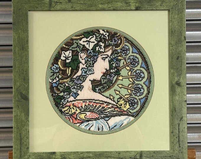 Framed and Glazed Cross-Stitch Embroidery Piece of Alphonse Mucha's "Ivy" Panel (part of his "Ivy and Laurel" series from 1901)