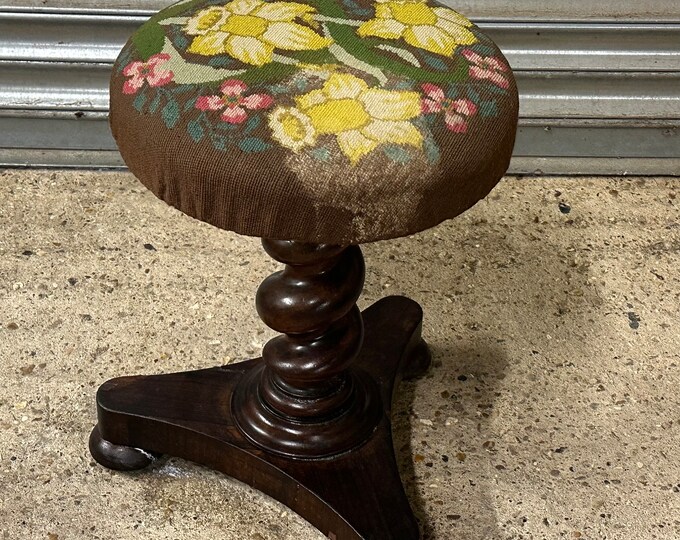 Antique Victorian Piano Stool On Bun Feet With Tapestry Seat (A/F)