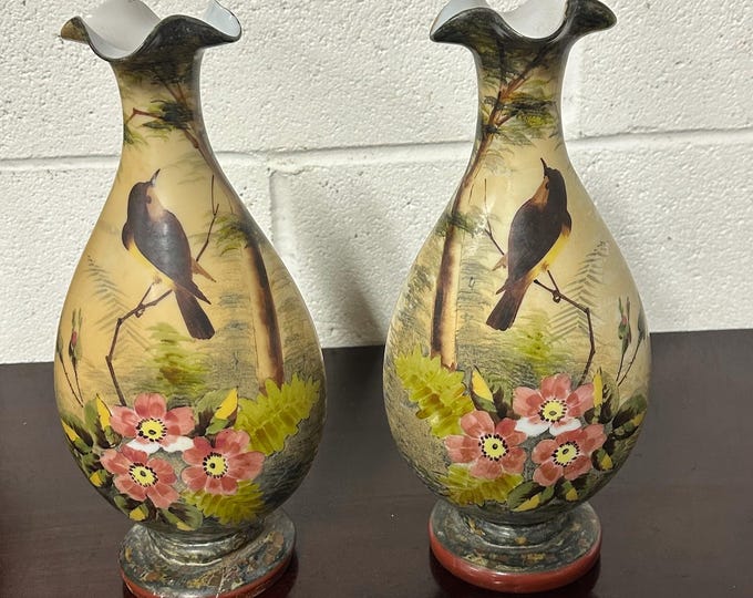 Pair Of Antique 19th Century Oriental Hand Painted Glass Vases (A/F)